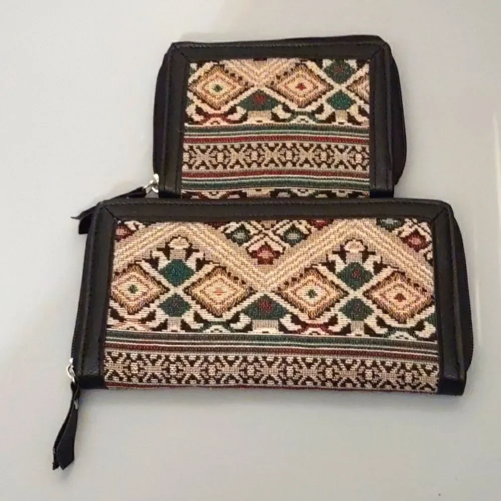 Canyon Sky Zip Credit Card Wallet Coin Purse Set Tan Red Geometric Ethnic Print